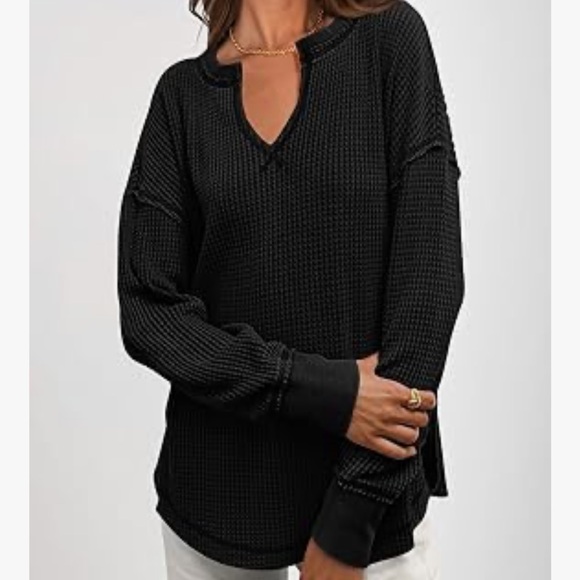 PrettyGarden Tops - Black Long Sleeve Waffle Knit Top